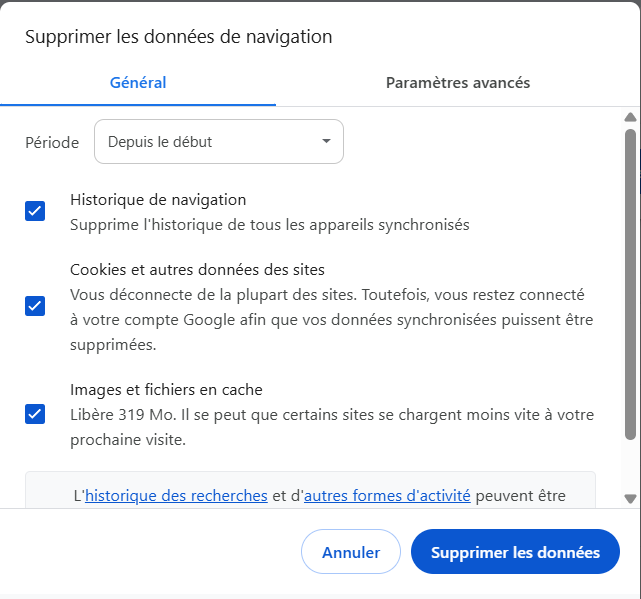 Paramètres de suppression des données de navigation