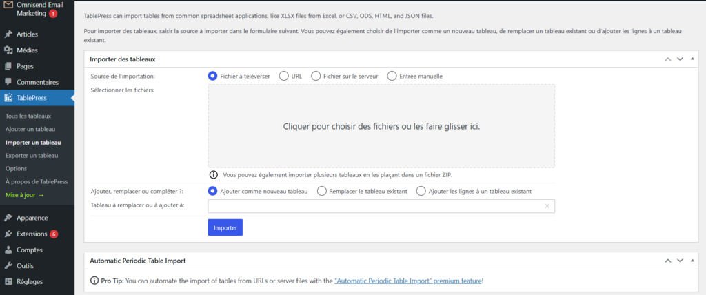 Importer des donn&eacute;es &agrave; partir d'un fichier CSV &agrave; l'aide de TablePress.