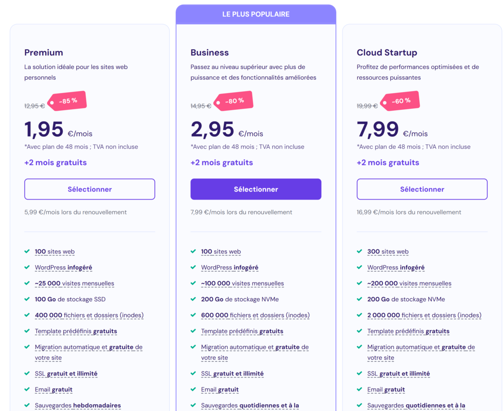 Diff&eacute;rents plans d'h&eacute;bergement Hostinger