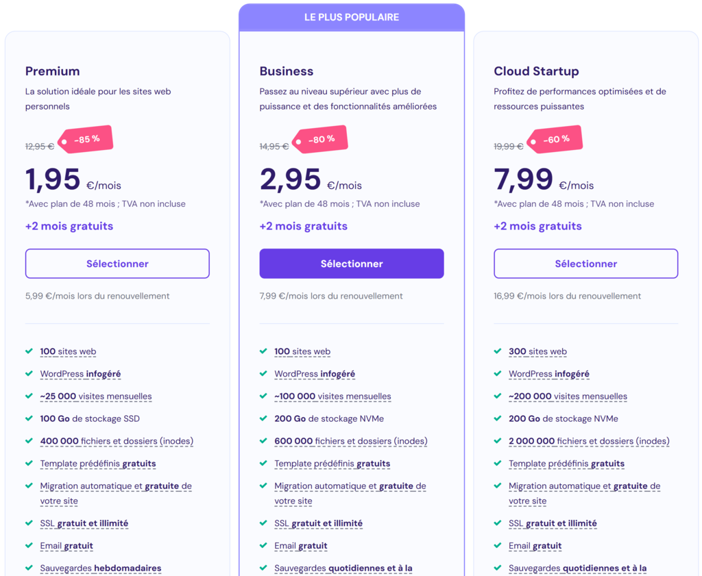 Tableau comparatif d'Hostinger pour les services d'h&eacute;bergement cloud.
