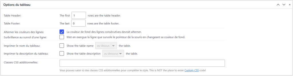 La section Options du tableau dans l'extension TablePress.