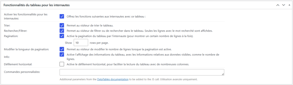 La section Fonctionnalit&eacute;s du tableau pour les internautes dans l'extension TablePress.