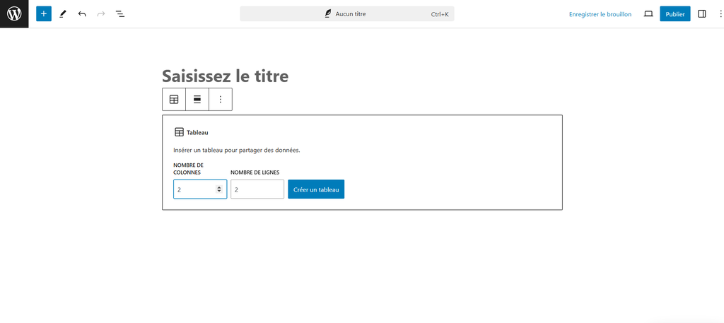 R&eacute;glage du nombre de lignes et de colonnes du tableau dans WordPress.