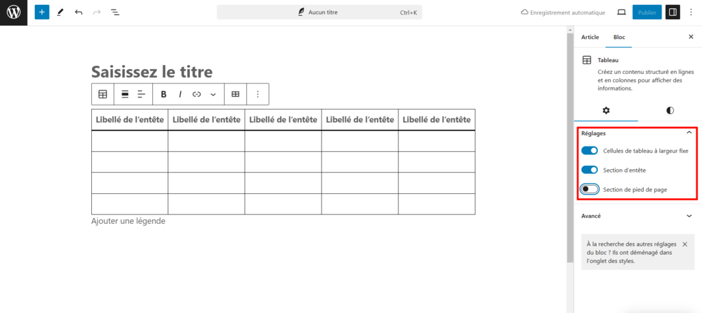 Les r&eacute;glages de l'&eacute;l&eacute;ment du tableau WordPress sont s&eacute;lectionn&eacute;s.