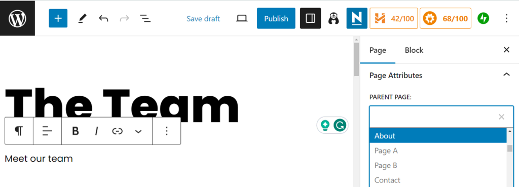 difference-entre-page-et-article-wordpress Sélection d'une page parente dans l'éditeur de blocs de WordPress