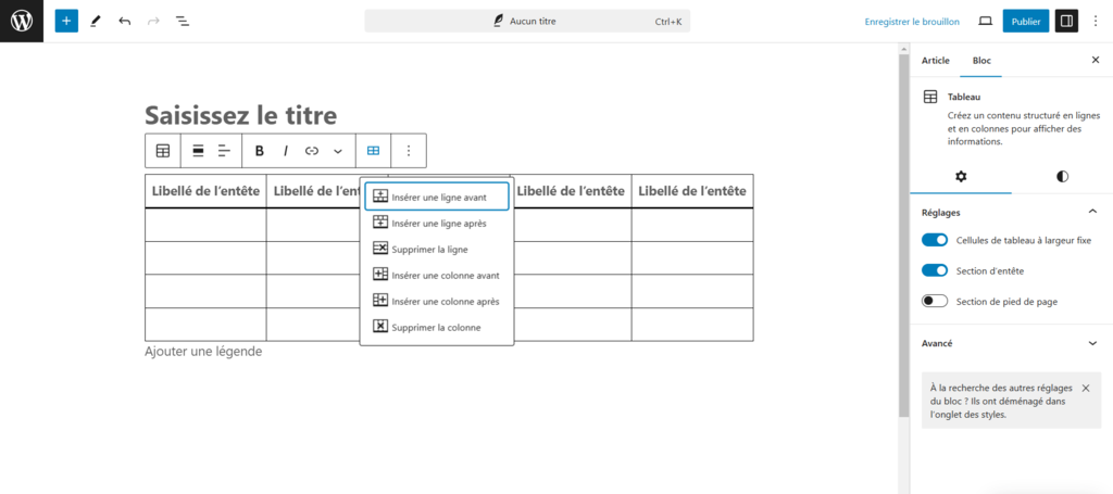 WordPress Modifier le tableau s&eacute;lectionn&eacute;.