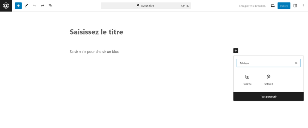 Ajout d'un bloc pour les tableaux à un article dans l'éditeur Gutenberg.