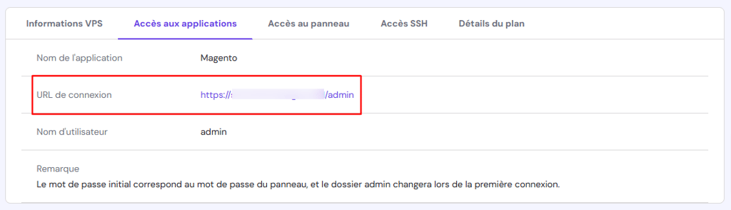 Accéder à l'URL de connexion de Magento 2 sur hPanel