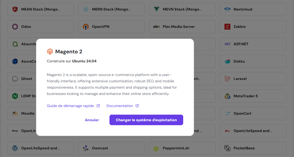 Choisir le modèle Ubuntu 22.04 avec Magento 2 sur hPanel
