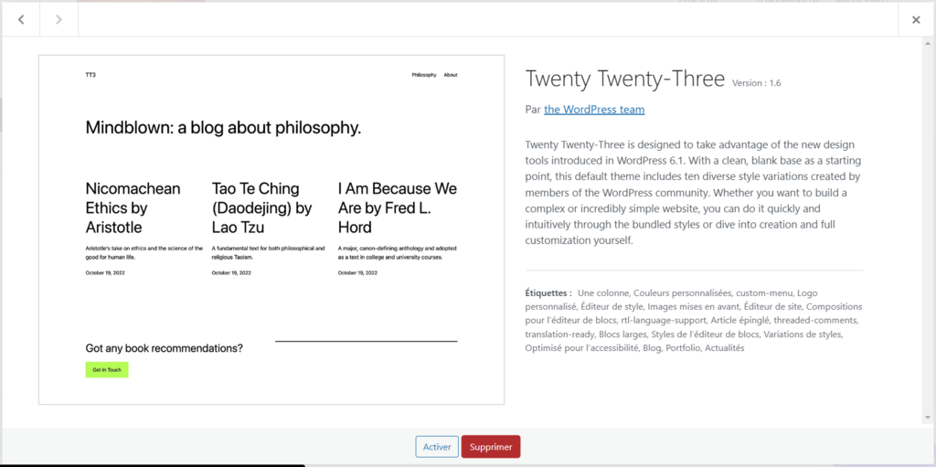 D&eacute;tails du th&egrave;me WordPress, mettant en &eacute;vidence l'option de suppression