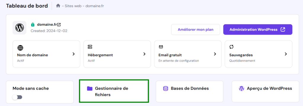 Tableau de bord hPanel, en mettant en &eacute;vidence le bouton permettant d'acc&eacute;der au gestionnaire de fichiers