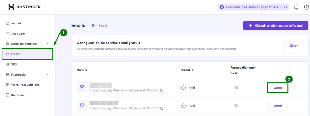 Section Email de hPanel avec l'option G&eacute;rer s&eacute;lectionn&eacute;e