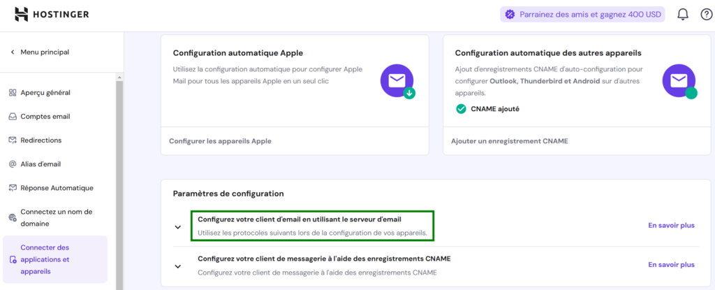 Les param&egrave;tres de configuration dans le menu Email de hPanel avec la configuration manuelle s&eacute;lectionn&eacute;e.
