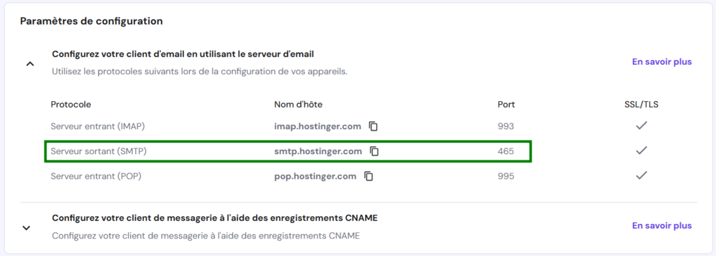 Les param&egrave;tres de configuration dans le menu Email de hPanel avec les d&eacute;tails du serveur sortant (SMTP) s&eacute;lectionn&eacute;s.