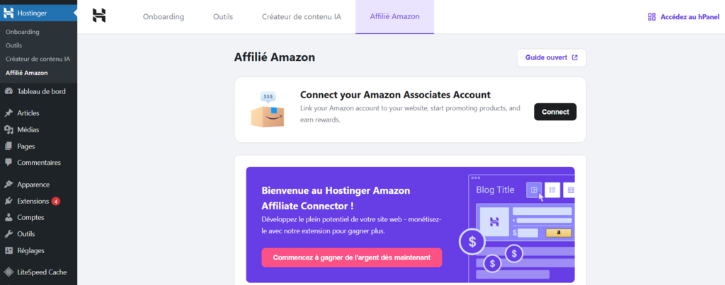 Menu Hostinger dans WordPress s&eacute;lectionnant le bouton pour se connecter &agrave; un compte Amazon Associates