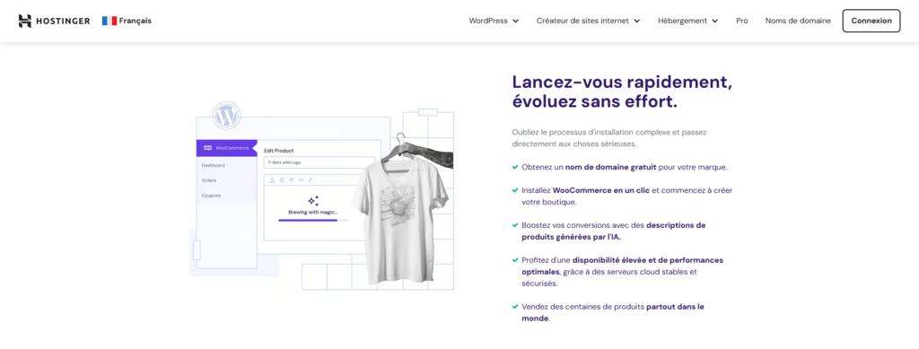 La landing page de l'h&eacute;bergement WooCommerce d'Hostinger		