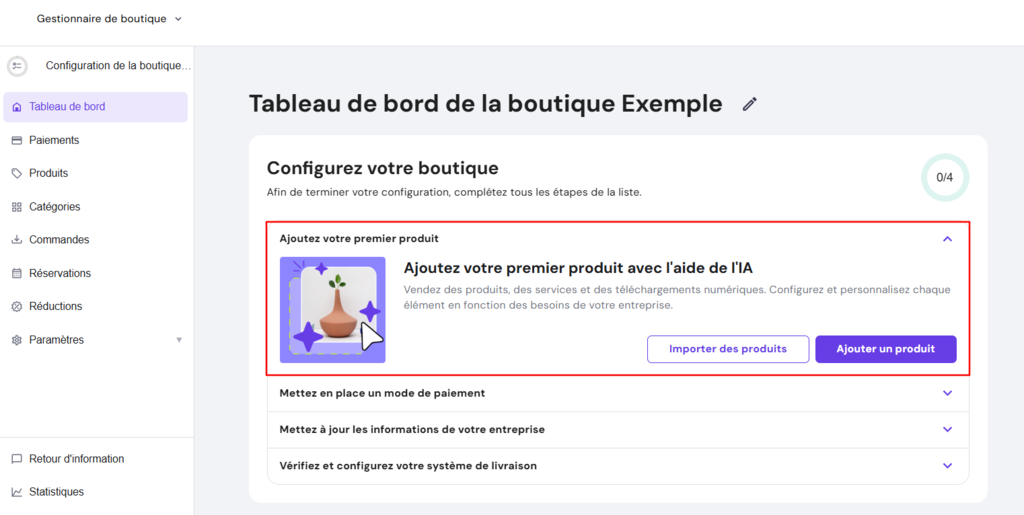 Le gestionnaire de la boutique Hostinger met en &eacute;vidence l'option d'ajout de produit