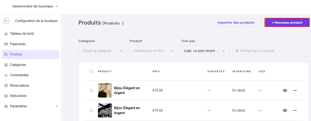 Le bouton Nouveau produit sur le cr&eacute;ateur de sites Hostinger