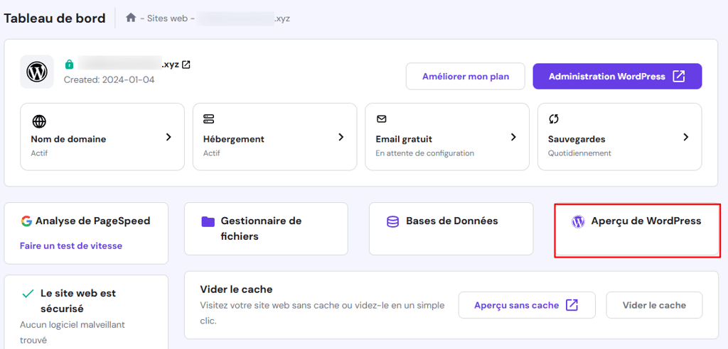 Acc&eacute;der au menu Aper&ccedil;u de WordPress sur le tableau de bord hPanel