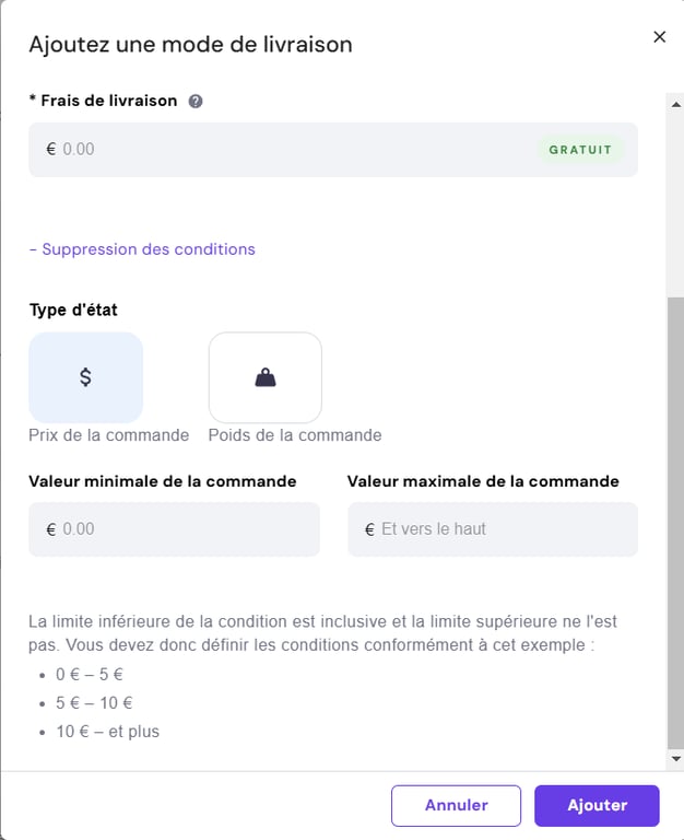 Ajouter une nouvelle option de conditions d'expédition sur Hostinger