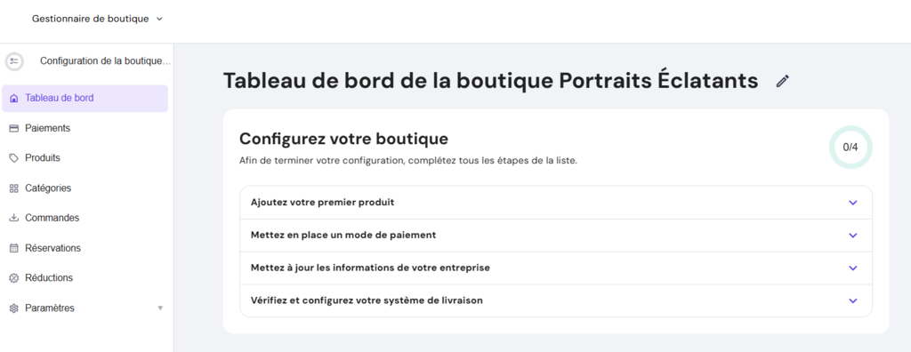 Tableau de bord du gestionnaire de boutique du cr&eacute;ateur de sites Hostinger