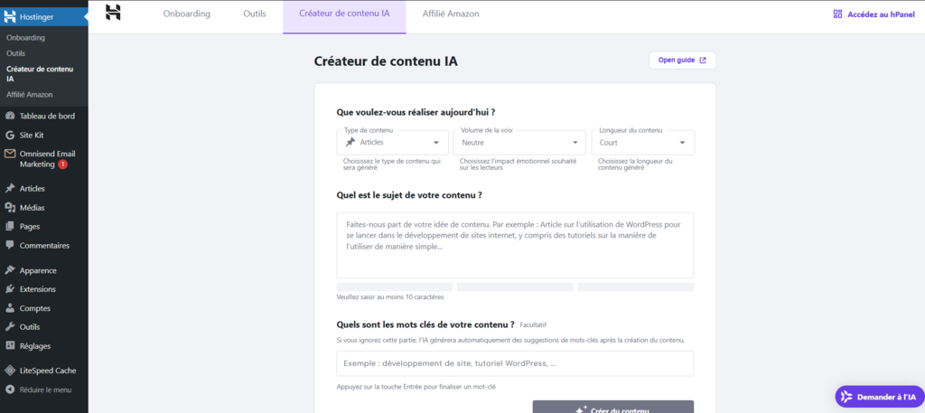 Le cr&eacute;ateur de contenu IA Hostinger dans le tableau de bord WordPress