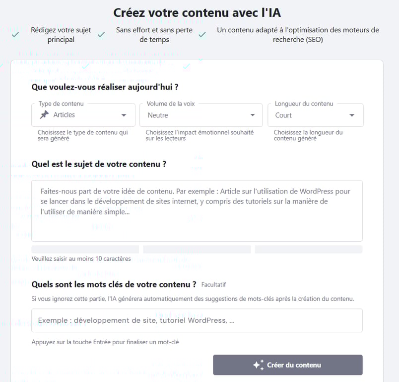 Le créateur de contenu Hostinger IA dans le tableau de bord de WordPress
