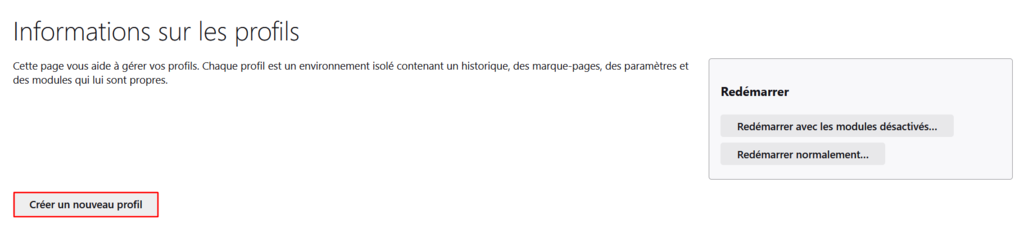 Le bouton Créer un nouveau profil dans la page Informations sur les profils de Firefox