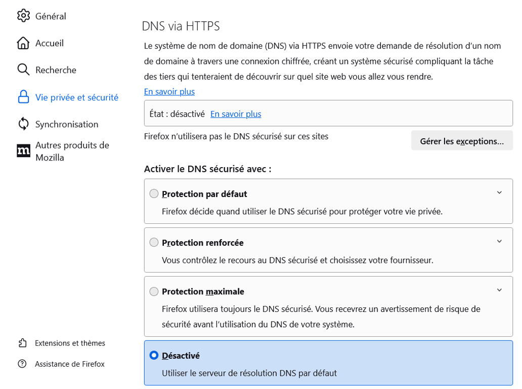 Désactiver le DNS sécurisé sur Firefox