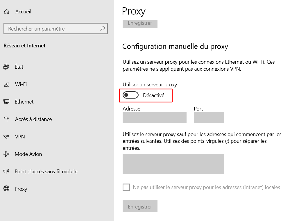L'option Utiliser un serveur proxy dans le menu Proxy de Windows 