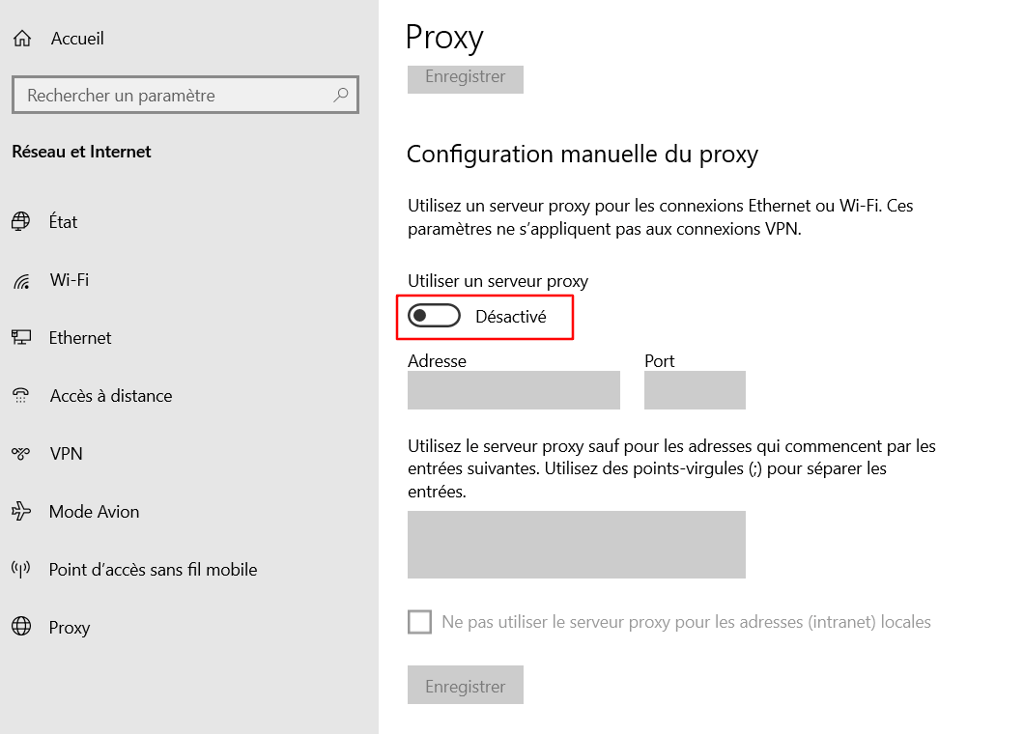 L'option Utiliser un serveur proxy dans le menu Proxy de Windows