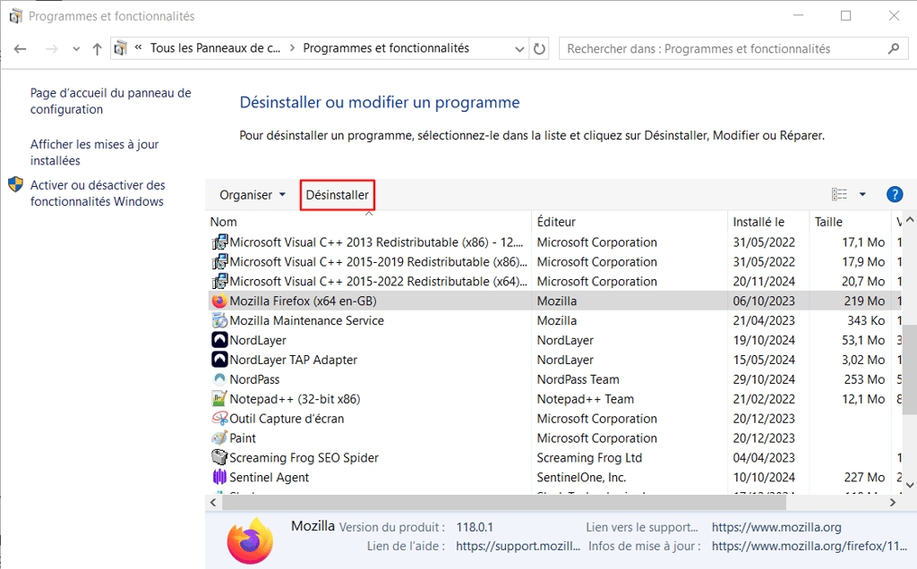 L'option de désinstallation dans le panneau de configuration de Windows