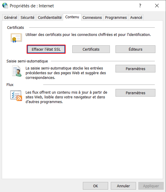 Effacer l'état SSL dans le menu Propriétés Internet de Windows 