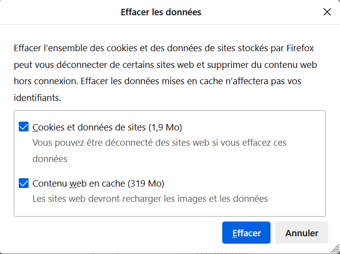 le popup Effacer les données de Firefox 
