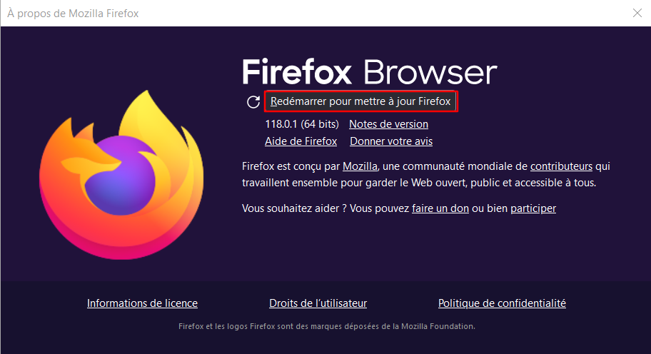 Le bouton Redémarrer pour mettre à jour Firefox