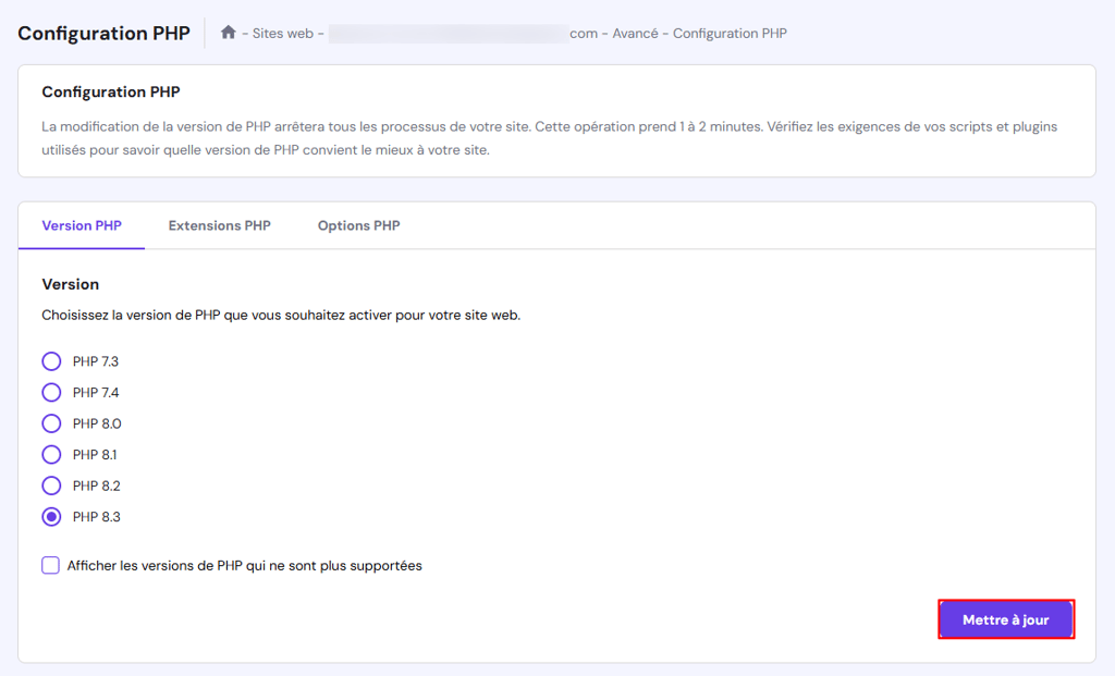 Mise &agrave; jour de la version PHP sur hPanel