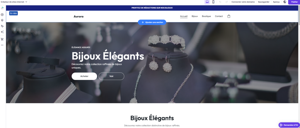 Interface d'&eacute;dition du cr&eacute;ateur de site Web Hostinger