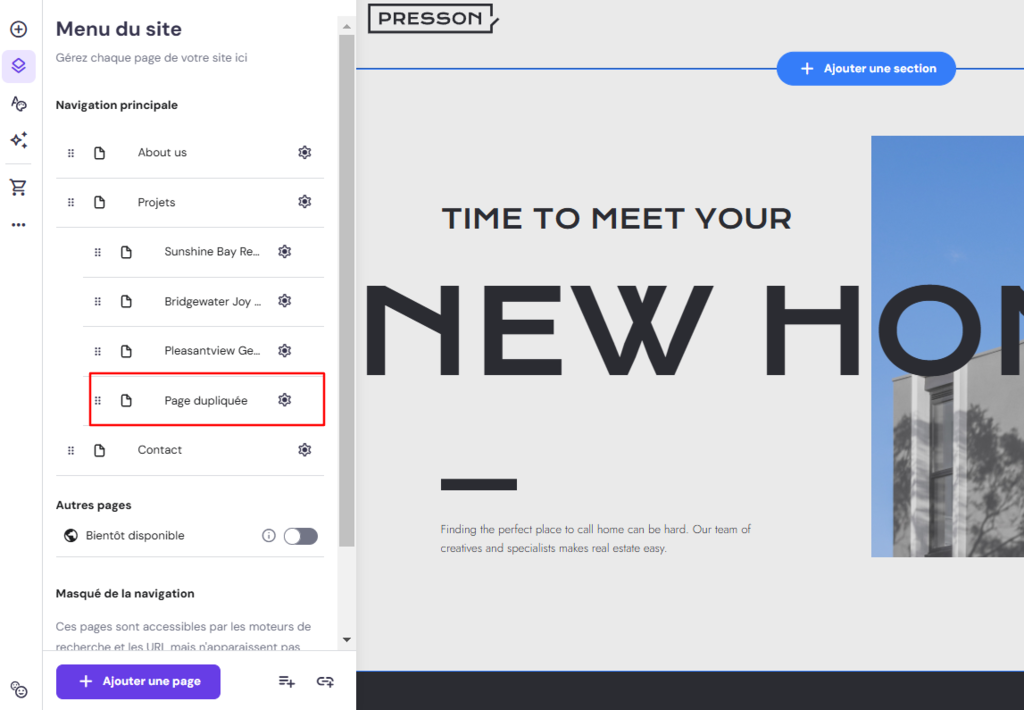 Un exemple de création d'une page de liste dupliquée et de son déplacement sous la page Projets