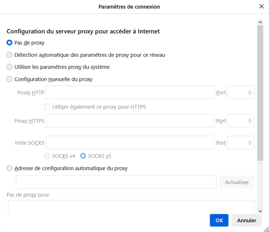 L'option Pas de proxy dans la boîte de dialogue Paramètres de connexion de Firefox 