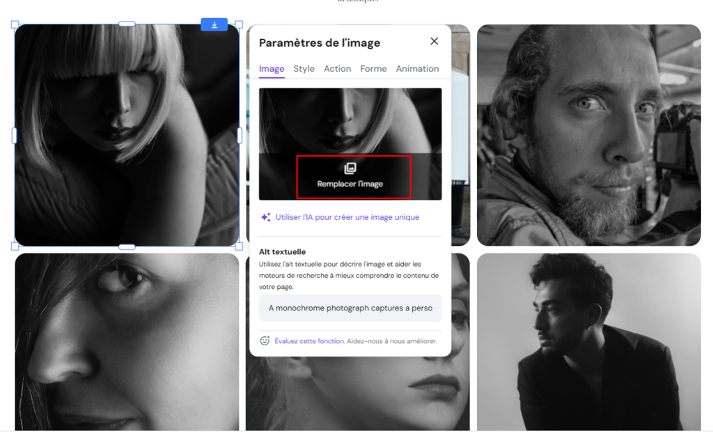 Remplacer une image sur le cr&eacute;ateur de sites Hostinger