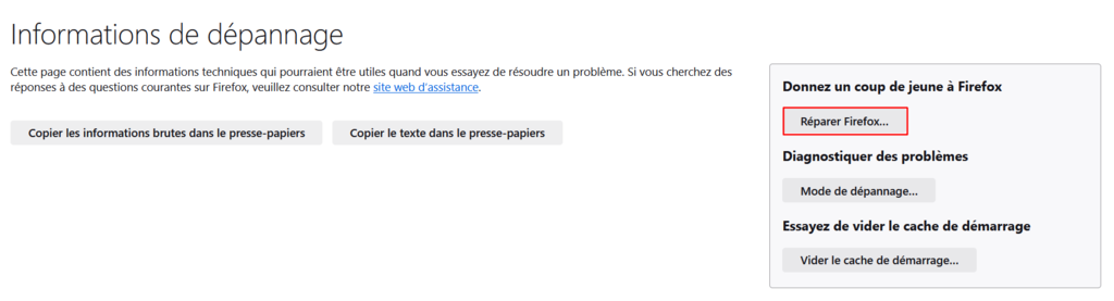Le bouton Réparer Firefox