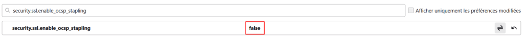 La fausse valeur de security.ssl.enable_ocsp_stapling dans la page Préférences avancées de Firefox 