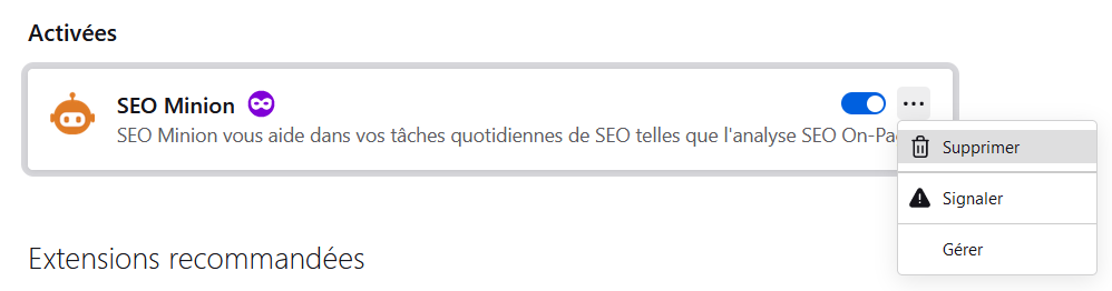 L'option Supprimer dans le gestionnaire d'extensions de Firefox 