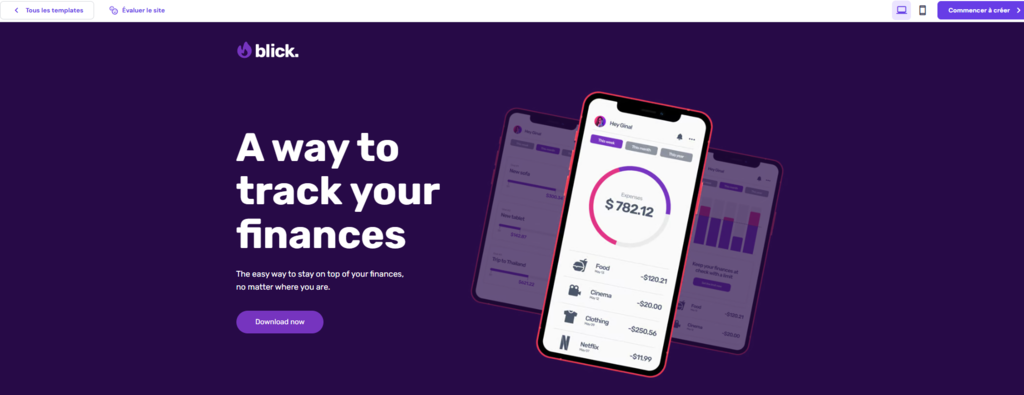 Mod&egrave;le de landing page de l'application Blick en mode pr&eacute;visualisation dans le cr&eacute;ateur de sites Web Hostinger