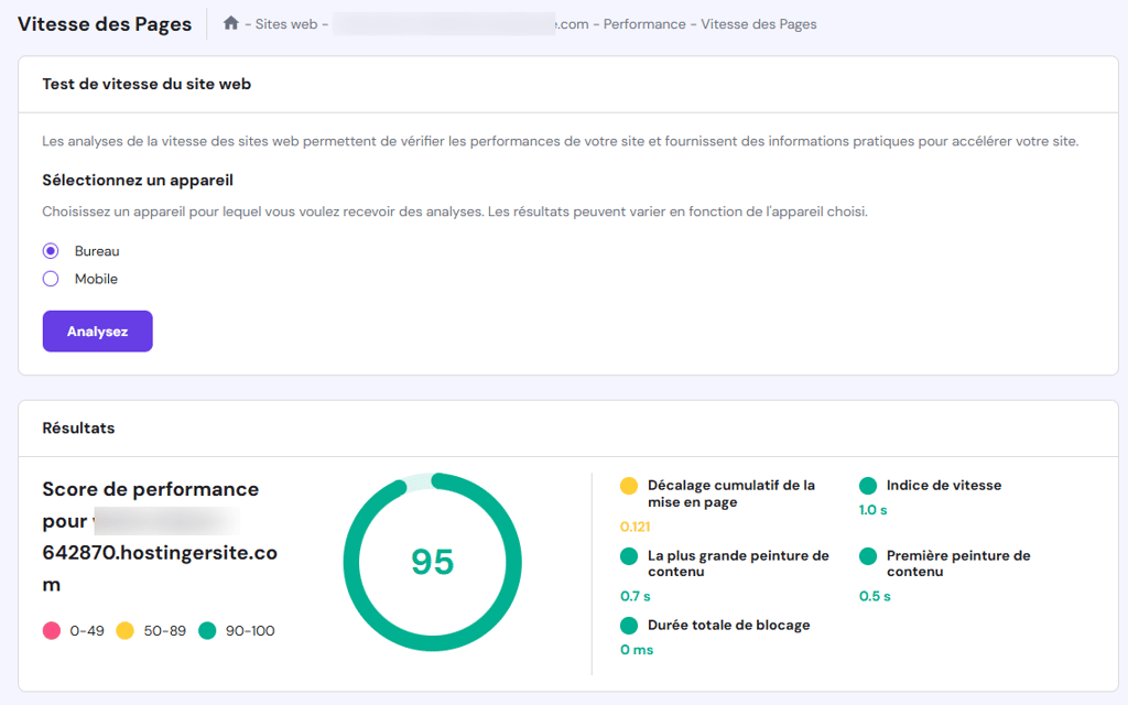 Acc&eacute;der au menu Vitesse des pages dans hPanel