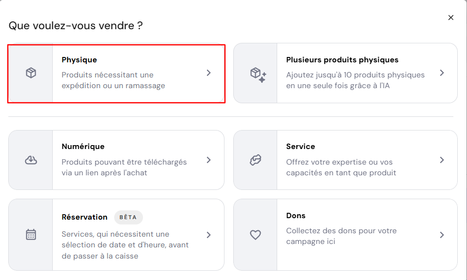 menu de choix du type de produit sur le créateur de site Web Hostinger