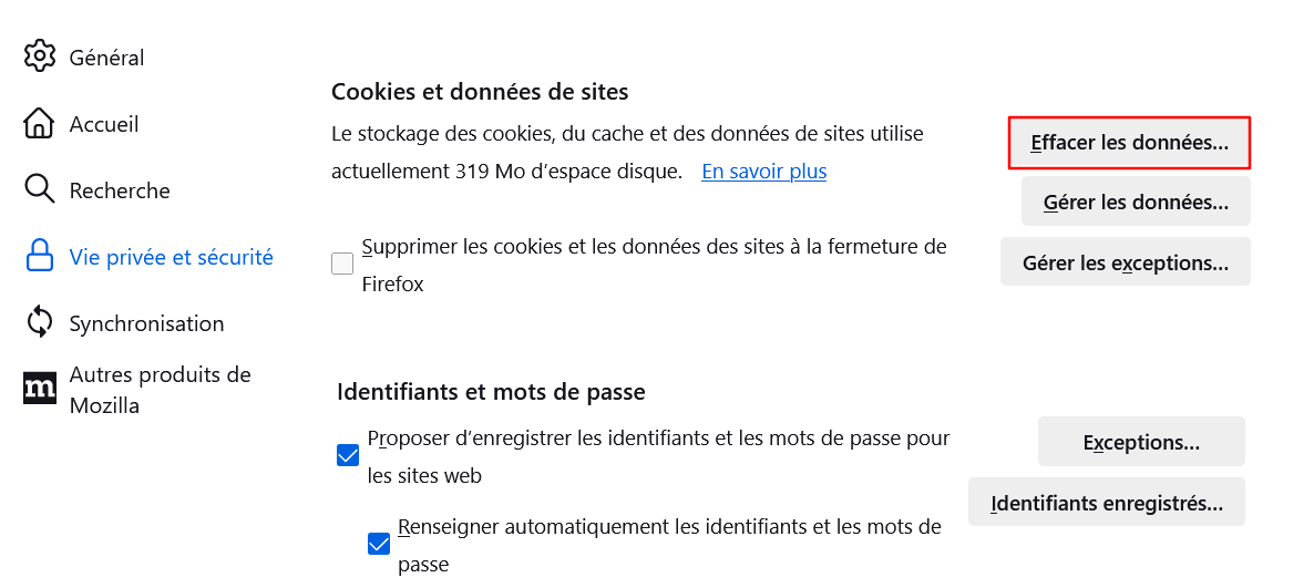 Le bouton Effacer les données dans le menu Paramètres de Firefox 