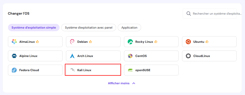 S&eacute;lectionner Kali Linux dans la page Syst&egrave;me d'exploitation du VPS de hPanel