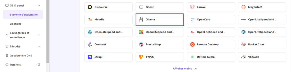 Hostinger propose un modèle prédéfini pour l'installation d'Ollama sur votre VPS basé sur Ubuntu