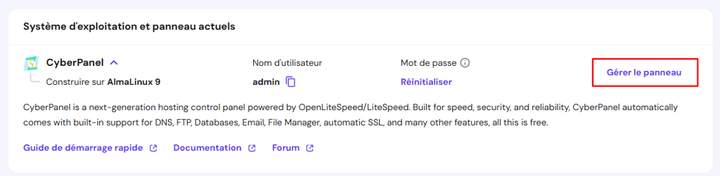 Le bouton G&eacute;rer le panneau sur hPanel